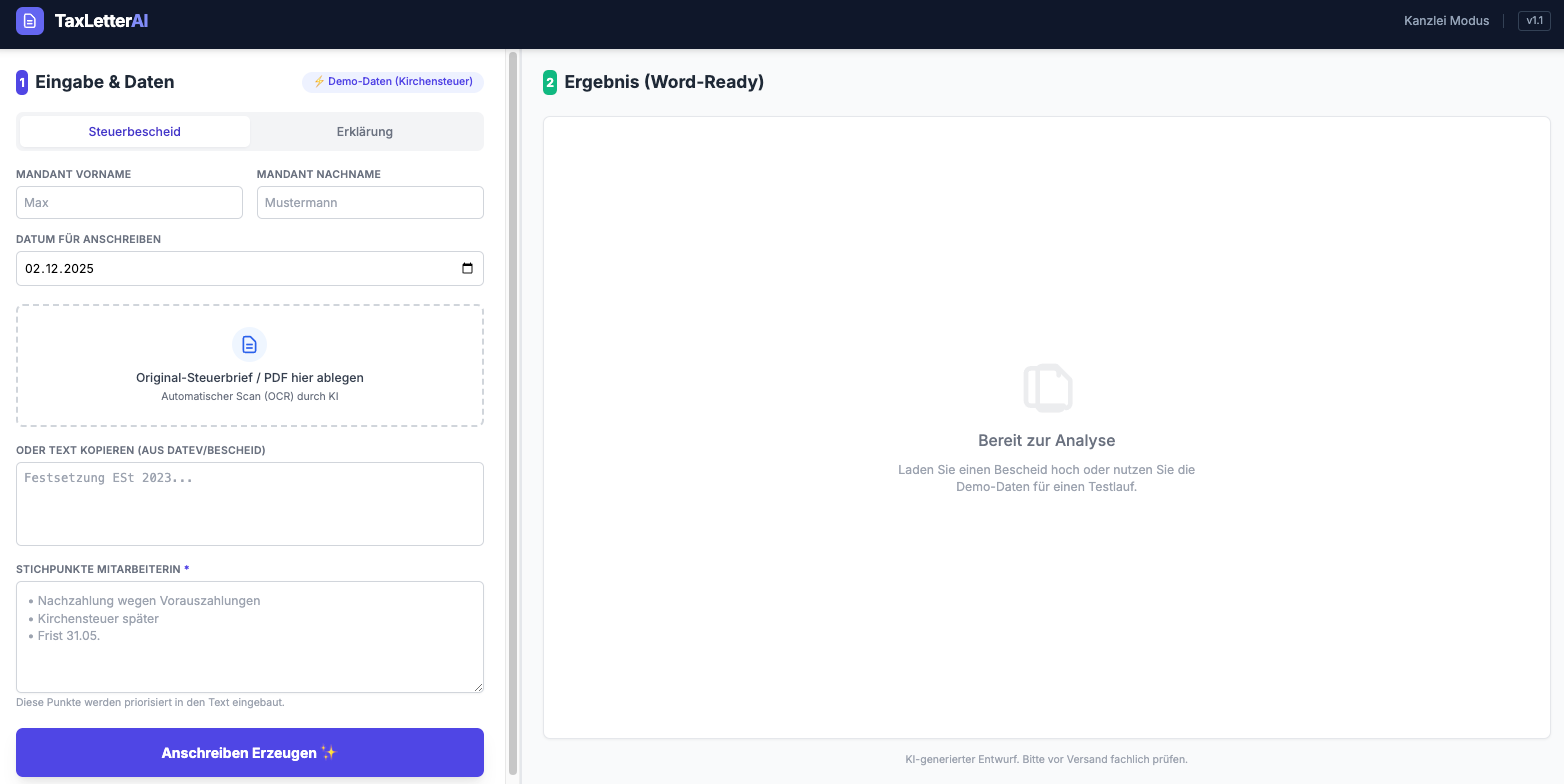 TaxLetterAI Benutzeroberfläche